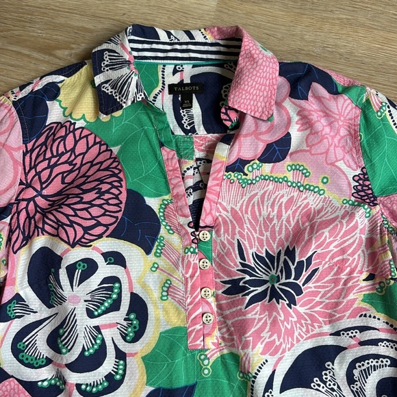 TALBOTS FLORAL PRINT popover blouse BUTTON FRONT PINK/BLUE BLOUSE SIZE XS cotton - Picture 3 of 9